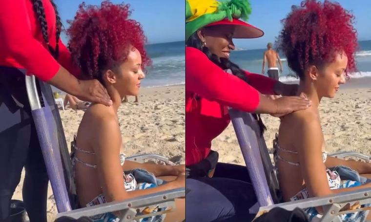 Pela primeira vez no Brasil, Georgia South, do Nova Twins, que abre o Palco Mundo do Rock in Rio nesta sexta (4), ganha massagem na praia; vídeo