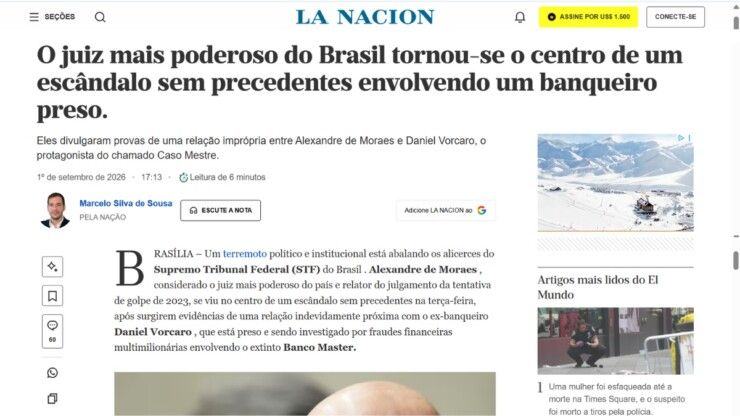 “Escândalo” e “terremoto político”: imprensa internacional repercute troca de mensagens entre Moraes e Daniel Vorcaro