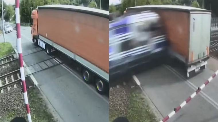 Vídeo: caminhão é atropelado por trem na Polônia após ficar preso nos trilhos